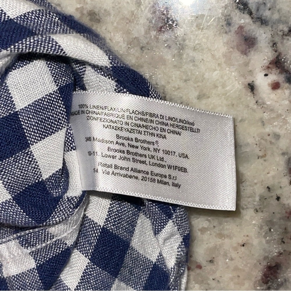 Brooks Brothers 346 Medium 100% Linen Navy Blue White Checkered Button Down EUC - Picture 4 of 7